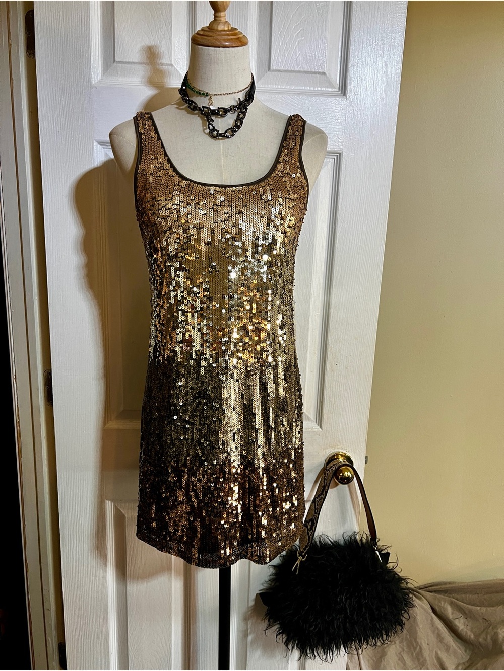 New Express Y2K Wms Gold Ombre Metallic Sequin Boho Disco Tank Mini Dress XS